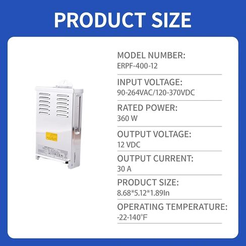 ERPF-400-12 12V 30A 360W مزود طاقة تحويل صناعي، مدخل جهد عريض (90-264VAC)، لشاشات LED الخارجية، وصناديق الإضاءة الإعلانية، ومراقبة الأمان - معتمد من UL/CE، ضمان لمدة 3 سنوات in Saudi Arabia