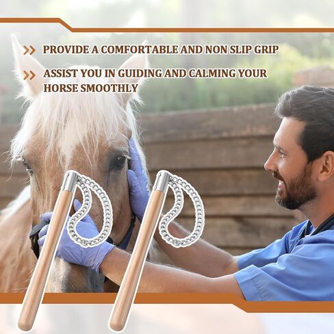 Lasnten 2 Pcs Horse Twitch Chain End Twitch for Horse with 17" Wooden Handle Vet Humane Restraint Tool Equine Nose Calming Handling Aid for Pony Stable Ranch Barn Grooming Veterinary Equestrian Tools in Kuwait