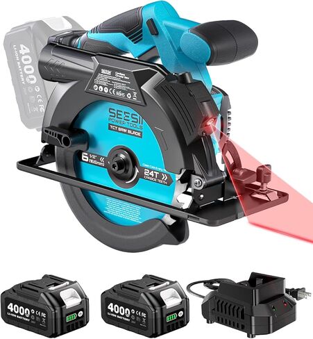 Seesii 6-1/2" منشار دائري لاسلكي بالليزر، منشار كهربائي مدمج 5200 دورة في الدقيقة مع بطاريتين وشاحن 4.0 أمبير، خفيف الوزن وتصميم قوي لقطع الخشب، وتأطير المنزل وتجديده in Kuwait