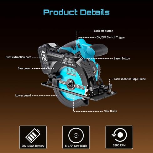 Seesii 6-1/2" منشار دائري لاسلكي بالليزر، منشار كهربائي مدمج 5200 دورة في الدقيقة مع بطاريتين وشاحن 4.0 أمبير، خفيف الوزن وتصميم قوي لقطع الخشب، وتأطير المنزل وتجديده in Kuwait