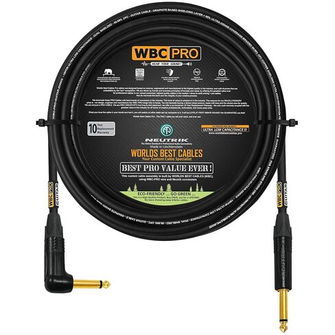 30 Foot - WBC-PRO-Guitar – 20 AWG - Low-Cap (18pF/ft) – Pro-Grade – Graphite-Based - Dual-Shielded Guitar, Bass, Instrument Cable with Neutrik Straight to Angled ¼ Inch (6.35mm) Gold TS Connectors in Saudi Arabia