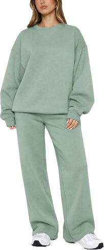 Alunzoem Women's 2 Piece Sweatsuit Oversized Crewneck Pullover Sweatshirt and Wide Leg Pants Lounge Set in Kuwait
