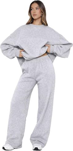 Alunzoem Women's 2 Piece Sweatsuit Oversized Crewneck Pullover Sweatshirt and Wide Leg Pants Lounge Set in Saudi Arabia