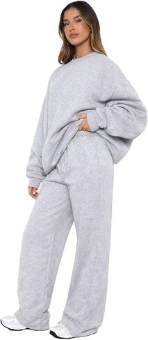 Alunzoem Women's 2 Piece Sweatsuit Oversized Crewneck Pullover Sweatshirt and Wide Leg Pants Lounge Set in Saudi Arabia