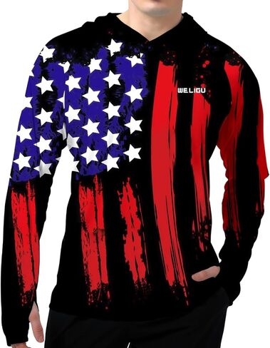 Mens UPF 50+ Fishing Shirts, Sun Protection Hoodie American Flag Long Sleeve UV Hiking Shirt Quick Dry SPF Rash Guard in Kuwait