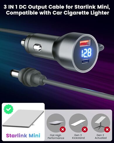 Mwin Starlink Mini Cable - Starlink Mini Accessories 3 in 1 Car Charger DC Power Cable, Cigarette Lighter Adapter 12V-24V with Digital Display, High Speed USB C/USB A 30W Ports for Trucks Cars (10 FT) in Kuwait