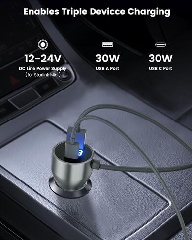 Mwin Starlink Mini Cable - Starlink Mini Accessories 3 in 1 Car Charger DC Power Cable, Cigarette Lighter Adapter 12V-24V with Digital Display, High Speed USB C/USB A 30W Ports for Trucks Cars (10 FT) in Kuwait