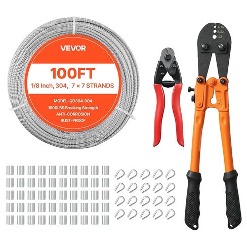 طقم حبل سلكي VEVOR 1/8 بوصة، طول 100 قدم، كابل سلك من الفولاذ المقاوم للصدأ 304 مع قاطع، قوة كسر 1600 رطل، بناء 7 × 7 خيوط، كابل فولاذي لنظام درابزين سطح السفينة، تعريشة الحديقة in Saudi Arabia