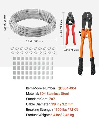 طقم حبل سلكي VEVOR 1/8 بوصة، طول 100 قدم، كابل سلك من الفولاذ المقاوم للصدأ 304 مع قاطع، قوة كسر 1600 رطل، بناء 7 × 7 خيوط، كابل فولاذي لنظام درابزين سطح السفينة، تعريشة الحديقة in Saudi Arabia
