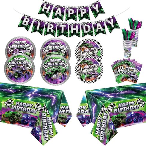 MIFOCI 171 PCS TRACK Party Supplies مجموعة أدوات المائدة تشمل أطباق أكواب سكاكين فوركس ملاعق المناديل المائدة اللاحقة ولافتة لحفلة شاحنة الوحش ، وسباق سيارات عيد ميلاد يقدم 24 ضيفًا in Kuwait
