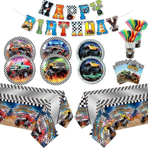 Mifoci 171 Pcs Truck Party Supplies Tableware Kit Include Plates Cups Knives Forks Spoons Napkins Tablecloths and Banner for Monster Truck Party, Racing Car Birthday Decorations Serve 24 Guest in Saudi Arabia