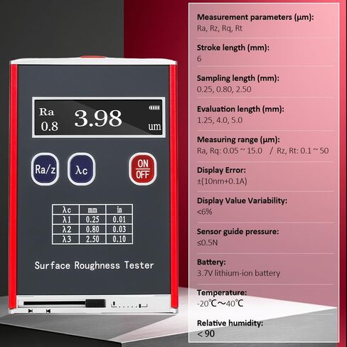 جهاز اختبار خشونة السطح، شاشة عرض LED، بدقة 0.01 ميكرومتر، 4 معلمات اختبار، Ra/Rq 0.05 إلى 15.0 ميكرومتر Rz/Rt 0.1 إلى 50.0 ميكرومتر، تصميم محمول in Kuwait