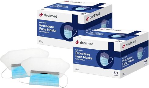 Dealmed Face Masks with Ear Loops and Eye Shield - Disposable Adult Face Masks for Hospitals, Medical Facilities, Food Services and More, 50 Count (Pack of 2) in Saudi Arabia
