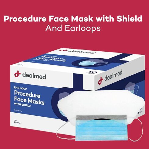 Dealmed Face Masks with Ear Loops and Eye Shield - Disposable Adult Face Masks for Hospitals, Medical Facilities, Food Services and More, 50 Count (Pack of 2) in Saudi Arabia