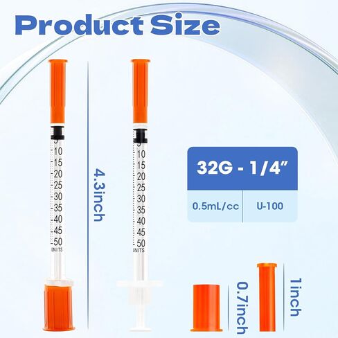 محاقن U-100 0.5 مل 32 جرام 1/4 بوصة (6 مم)، مستلزمات المختبرات، مغلفة بشكل فردي، عبوة من 100 قطعة in Kuwait