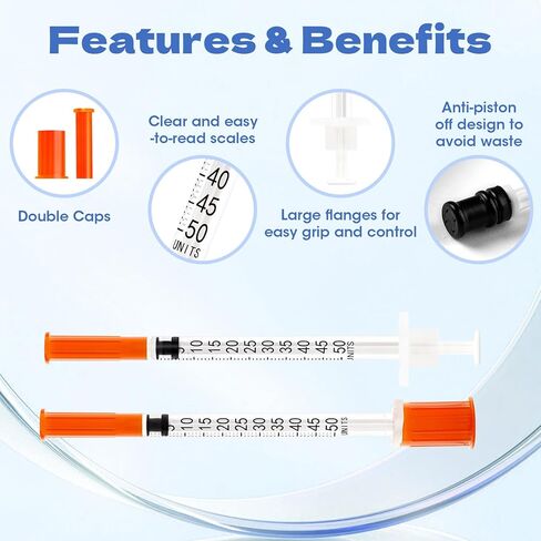 محاقن U-100 0.5 مل 32 جرام 1/4 بوصة (6 مم)، مستلزمات المختبرات، مغلفة بشكل فردي، عبوة من 100 قطعة in Kuwait