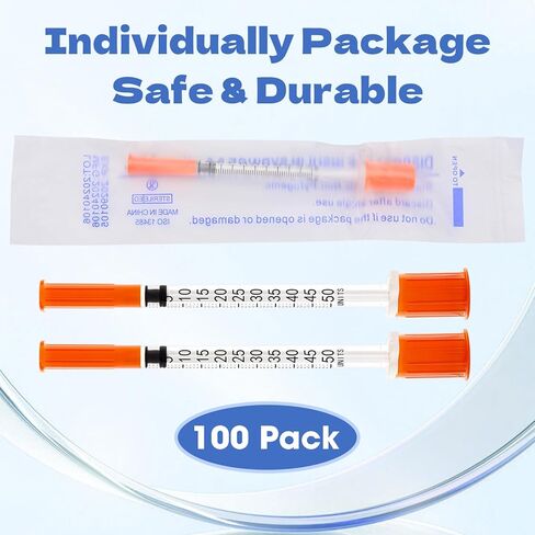 محاقن U-100 0.5 مل 32 جرام 1/4 بوصة (6 مم)، مستلزمات المختبرات، مغلفة بشكل فردي، عبوة من 100 قطعة in Kuwait