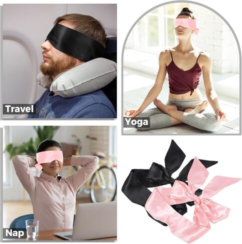 2Pcs Satin Eye Mask Sleep Mask, Adjustable Blindfold Soft Satin Eye Covers Blind Fold Gifts for Women for Travel, Nap, Meditation,150cm/59inch (Black and Pink) in Saudi Arabia