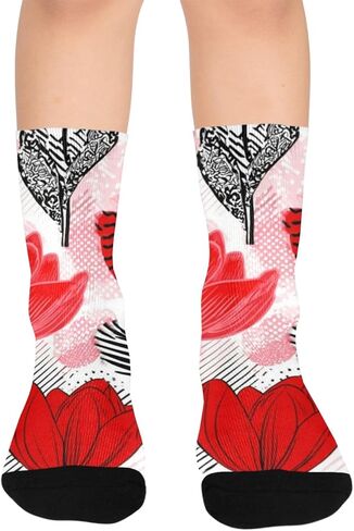 جوارب المشي لمسافات طويلة بتصميم توليب أحمر فني - جوارب شتوية حرارية سميكة دافئة للأولاد والبنات للمدرسة، والارتداء اليومي والأنشطة الخارجية in Kuwait