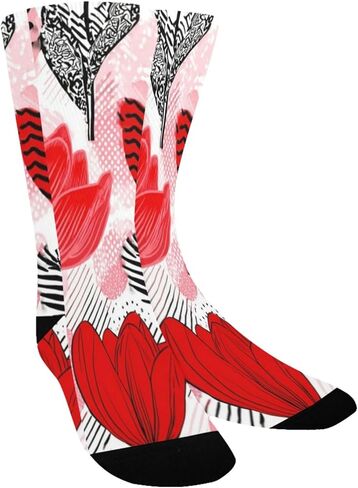 جوارب المشي لمسافات طويلة بتصميم توليب أحمر فني - جوارب شتوية حرارية سميكة دافئة للأولاد والبنات للمدرسة، والارتداء اليومي والأنشطة الخارجية in Kuwait