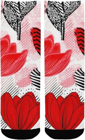 جوارب المشي لمسافات طويلة بتصميم توليب أحمر فني - جوارب شتوية حرارية سميكة دافئة للأولاد والبنات للمدرسة، والارتداء اليومي والأنشطة الخارجية in Kuwait