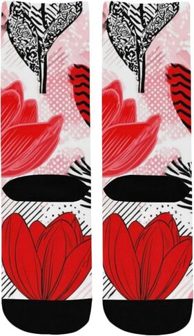 جوارب المشي لمسافات طويلة بتصميم توليب أحمر فني - جوارب شتوية حرارية سميكة دافئة للأولاد والبنات للمدرسة، والارتداء اليومي والأنشطة الخارجية in Kuwait