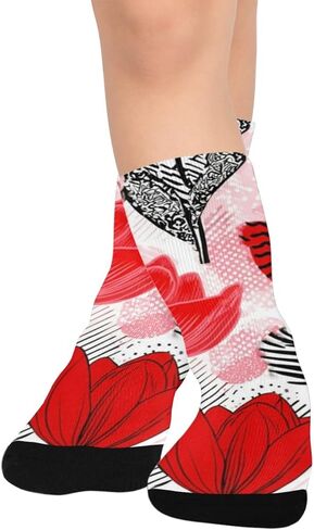 جوارب المشي لمسافات طويلة بتصميم توليب أحمر فني - جوارب شتوية حرارية سميكة دافئة للأولاد والبنات للمدرسة، والارتداء اليومي والأنشطة الخارجية in Kuwait