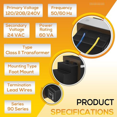 90-T60C3 24VAC 60-VA Foot Mount Class 2 Transformer for Industrial, Heating and Air Conditioning Controls Applications, Color Coded Primary Leads in Saudi Arabia