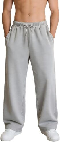 Men's Wide Leg Sweatpants Casual Baggy Drawstring Lounge Pants Open Bottom Loose Fit Pants with Deep Pockets in Saudi Arabia