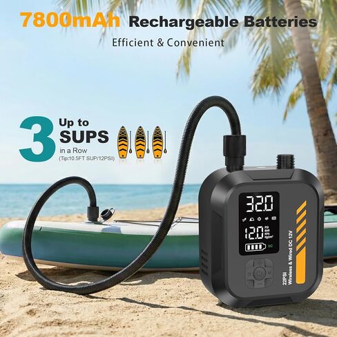 مضخة هواء WEOLULI مجداف كهربائية محمولة، قابلة لإعادة الشحن 22 رطل لكل بوصة مربعة، مضخة هواء SUP، طاقة مزدوجة 7800 مللي أمبير في الساعة، قابس سيارة 12 فولت تيار مستمر، انكماش التضخم، إيقاف تلقائي، لألواح التجديف، قوارب الكاياك، الطائرات الورقية، الخيمة، ق in Kuwait