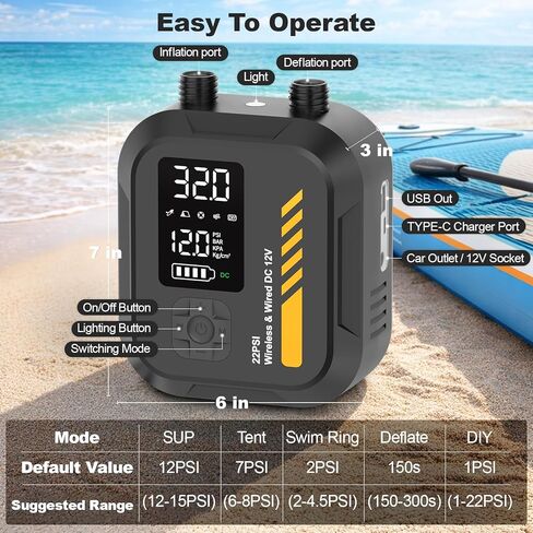 مضخة هواء WEOLULI مجداف كهربائية محمولة، قابلة لإعادة الشحن 22 رطل لكل بوصة مربعة، مضخة هواء SUP، طاقة مزدوجة 7800 مللي أمبير في الساعة، قابس سيارة 12 فولت تيار مستمر، انكماش التضخم، إيقاف تلقائي، لألواح التجديف، قوارب الكاياك، الطائرات الورقية، الخيمة، ق in Kuwait