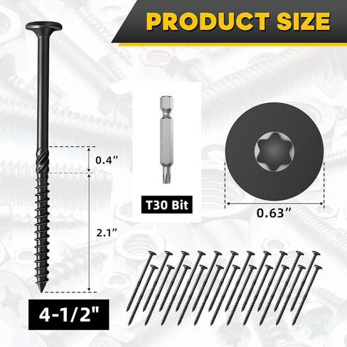 100Pcs #14 x 4-1/2" Lag Screws Black, Structural Wood Screws Star Drive, Heavy-Duty Exterior Construction Screws for Timber, Landscaping & Framing, T30 Bit Included, Rust Resistant in Saudi Arabia