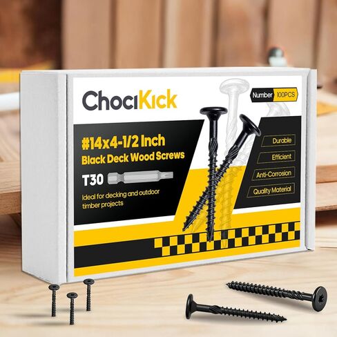 100Pcs #14 x 4-1/2" Lag Screws Black, Structural Wood Screws Star Drive, Heavy-Duty Exterior Construction Screws for Timber, Landscaping & Framing, T30 Bit Included, Rust Resistant in Saudi Arabia