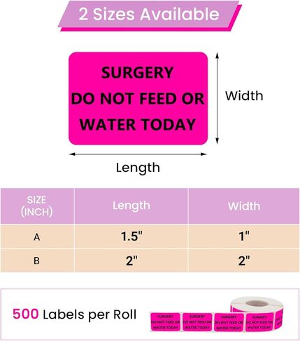 Surgery DO NOT Feed OR Water Veterinary Labels - Pet Care Instruction Stickers for Animal Clinics, Shelters, Pet Stores, 500 PCS/Roll (Surgery DO NOT Feed OR Water, 1.5" L x 1" W) in Kuwait
