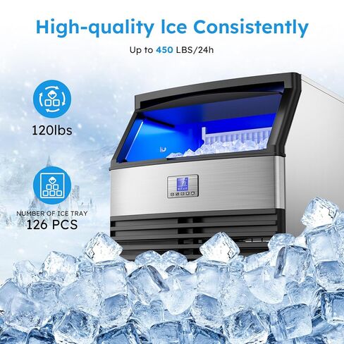 Commercial Ice Maker Machine, 450LBS/24H Under Counter Ice Maker, 8-15 Minutes Ice Making, with 120 LBS Storage Bin, Stainless Steel Freestanding Commercial Ice Machine for Home Bar Cafe Office in Kuwait