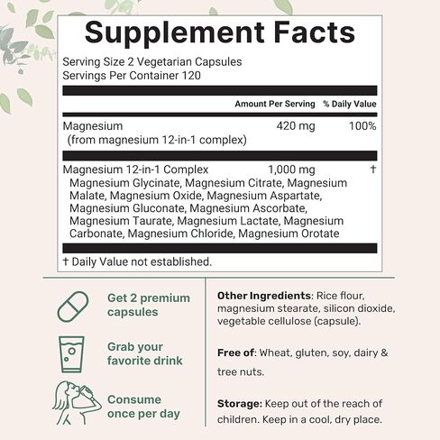 مكونات دقيقة 12 في 1 مركب مغنيسيوم 1000 مجم، 240 كبسولة - جليسينات المغنيسيوم، سيترات، تورات، مالات والمزيد - تركيبة عالية الامتصاص للرجال والنساء - مخلب ومنقى in Kuwait
