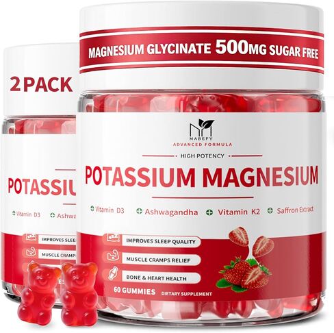 2 Pack Potassium Magnesium Gummies, Sugar-Free Potassium Gummies with Magnesium Glycinate 500mg Chewable Potassium Magnesium Supplements with Calcium, Zinc & Vitamins to Support Leg Muscle Relaxation in Kuwait