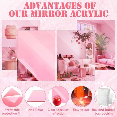 JMIATRY 4 Pack Pink Mirror Acrylic Sheet 1/8 Thick Translucent Mirror Acrylic Sheet 16x12 Inch Plastic Mirror Sheets Pink Plexiglass Sheet Square Board for Signs, Lighting, DIY Crafts in Saudi Arabia