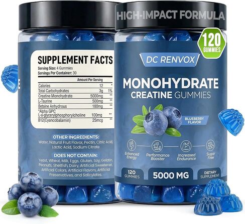 Creatine Monohydrate Gummies 5000 MG for Men & Women, Pre Workout gummys, Creatine Monohydrate for Muscle Growth, Strength & Energy Support , Flavored, 120 count Chewable Gummies, Blueberry Flavor in Saudi Arabia