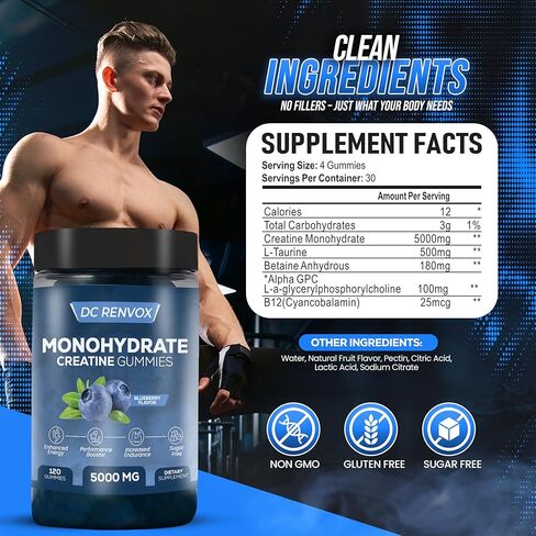 Creatine Monohydrate Gummies 5000 MG for Men & Women, Pre Workout gummys, Creatine Monohydrate for Muscle Growth, Strength & Energy Support , Flavored, 120 count Chewable Gummies, Blueberry Flavor in Saudi Arabia