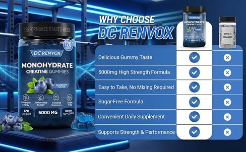 Creatine Monohydrate Gummies 5000 MG for Men & Women, Pre Workout gummys, Creatine Monohydrate for Muscle Growth, Strength & Energy Support , Flavored, 120 count Chewable Gummies, Blueberry Flavor in Saudi Arabia