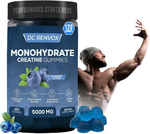 Creatine Monohydrate Gummies 5000 MG for Men & Women, Pre Workout gummys, Creatine Monohydrate for Muscle Growth, Strength & Energy Support , Flavored, 120 count Chewable Gummies, Blueberry Flavor in Saudi Arabia