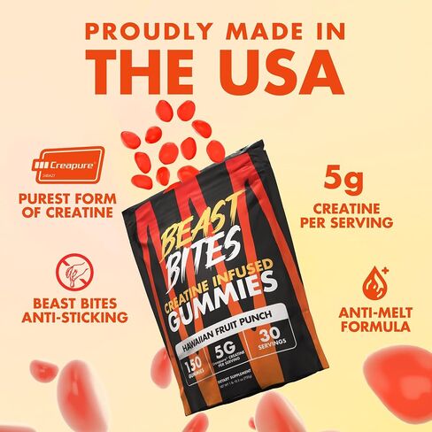 BEAST BITES Creatine Monohydrate Gummies - for Men and Women - 5g Creapure Creatine, Support Muscle Mass, Strength, and Cognitive Function - Made in USA - 150 Gummies - 30 Servings in Saudi Arabia