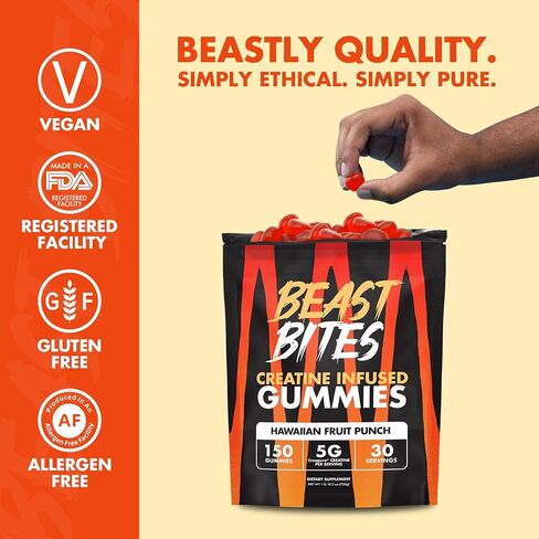 BEAST BITES Creatine Monohydrate Gummies - for Men and Women - 5g Creapure Creatine, Support Muscle Mass, Strength, and Cognitive Function - Made in USA - 150 Gummies - 30 Servings in Saudi Arabia