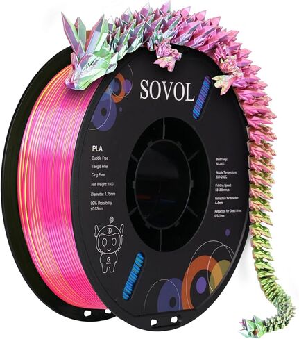 Sovol PLA Filament Silk Tri Color Co-Extrusion 1.75mm, 3D Printer Filament 1kg/ 2.2lbs, Shiny Silk Rose Blue Yellow 3 in 1 Coextrusion PLA Material +/-0.03mm in Kuwait