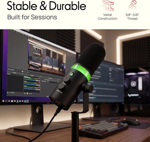 Pyle Dynamic Microphone, Dual Input USB/XLR Podcast Recording, PC Streaming Studio Mic with RGB Light, Mute Button, Desktop Stand, Headphone Jack, & Volume Control - Gaming & Voice-Over (PDMIC7B) in Saudi Arabia
