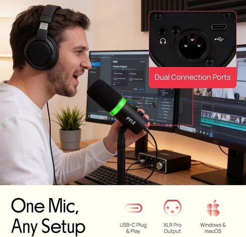 Pyle Dynamic Microphone, Dual Input USB/XLR Podcast Recording, PC Streaming Studio Mic with RGB Light, Mute Button, Desktop Stand, Headphone Jack, & Volume Control - Gaming & Voice-Over (PDMIC7B) in Saudi Arabia