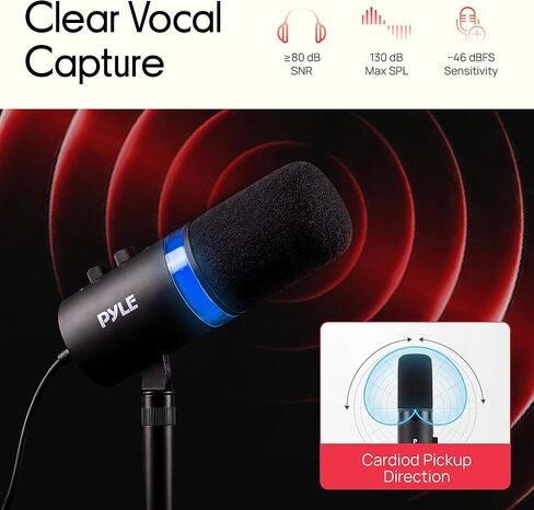 Pyle Dynamic Microphone, Dual Input USB/XLR Podcast Recording, PC Streaming Studio Mic with RGB Light, Mute Button, Desktop Stand, Headphone Jack, & Volume Control - Gaming & Voice-Over (PDMIC7B) in Saudi Arabia