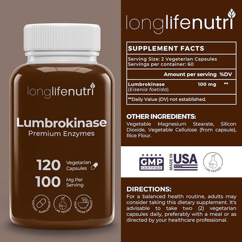 Lumbrokinase 100mg – Maximum Activity 2,000,000 Units Per Serving, 120 Vegetarian Capsules, 2-Month Supply, Natural Enzyme Supplement for Circulatory Health, Lab Tested, Made in USA in Saudi Arabia