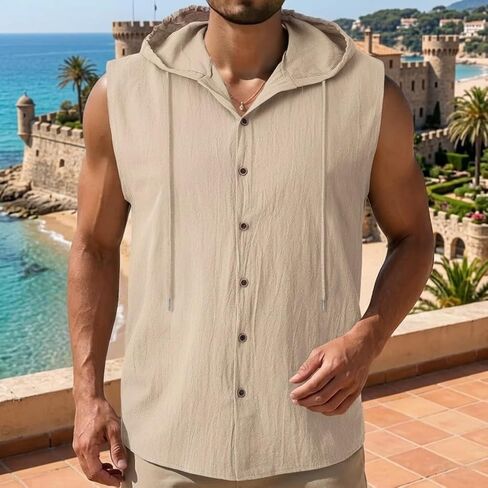 Men Linen Sleeveless Hoodies Button Down Shirt Summer Casual Hawaiian Beach Lightweight Fashion Hoodies in Saudi Arabia